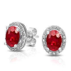 Oval Ruby With Round Natural Earth Mined Diamond Halo Stud Earrings 6.10 Carat WG 14K