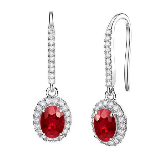 Oval Ruby With Round Diamonds 7.50 Ct. Dangle Earrings White Gold 14K - Gemstone Earring-harrychadent.ca