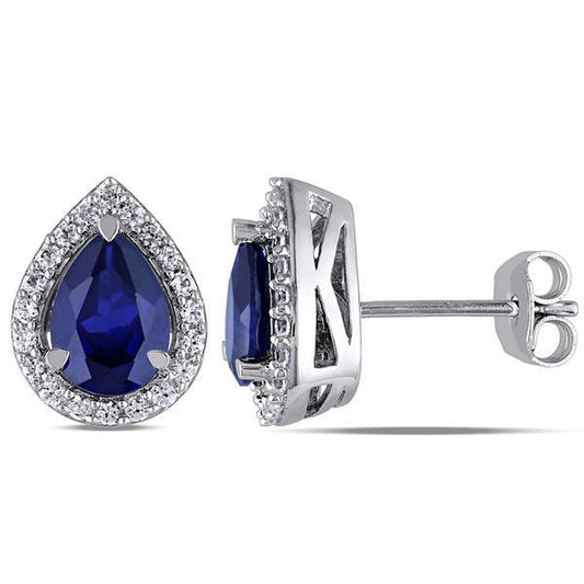 Pear Ceylon Blue Sapphire Diamonds 3.44 Ct Studs Earring White Gold 14K - Gemstone Earring-harrychadent.ca