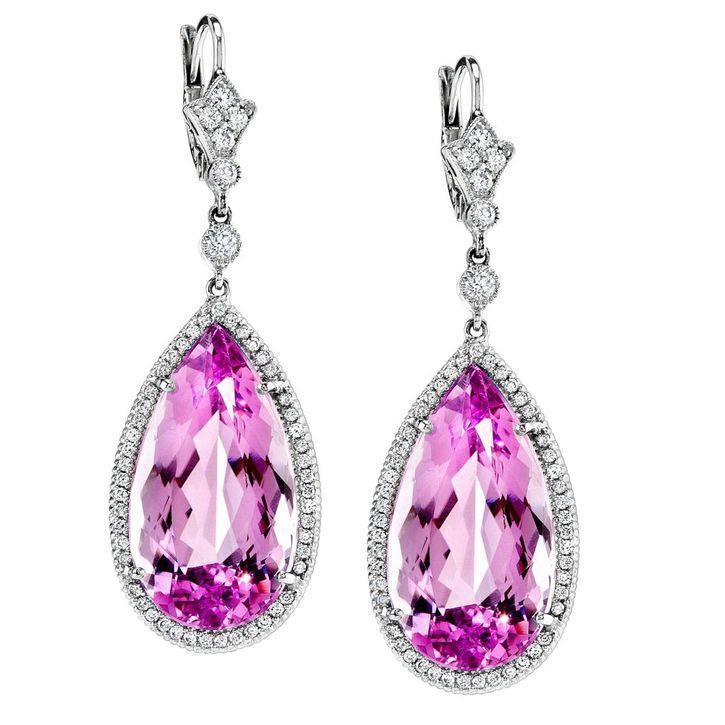 Pear Cut Pink Kunzite And Diamond Dangle Earring 51 Carats Gold 14K - Gemstone Earring-harrychadent.ca