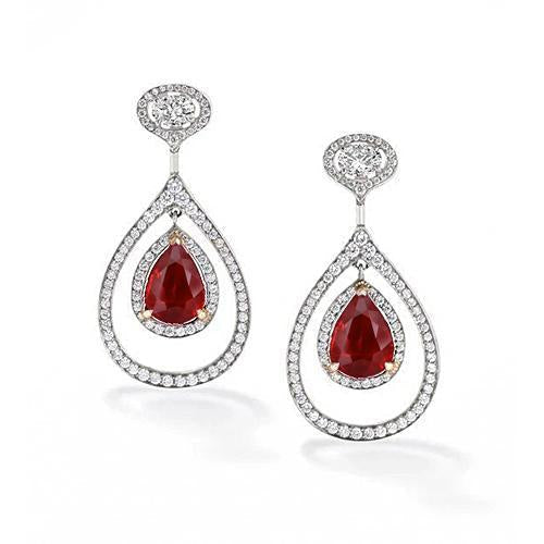 Pear Cut Red Ruby & Diamond Dangle Earring 3.88 Ct White Gold 14K - Gemstone Earring-harrychadent.ca