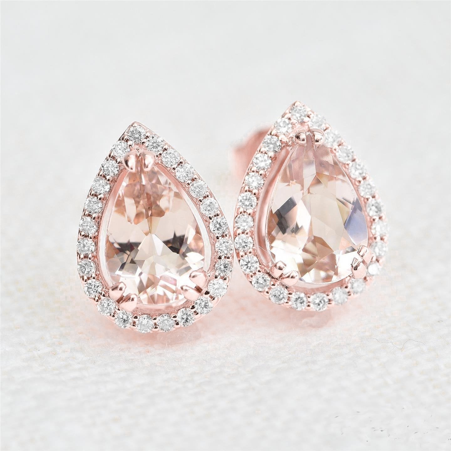 Pear Morganite With Round Diamonds 13.80 Ct Studs Earring Gold 14K - Gemstone Earring-harrychadent.ca