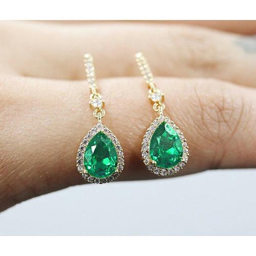 Pear Shaped Green Emerald Halo Diamond Dangle Earring 7 Carat YG 14K - Gemstone Earring-harrychadent.ca