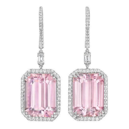 Pink Kunzite And Diamonds 22.50 Ct Lady Dangle Earrings White Gold 14K - Gemstone Earring-harrychadent.ca