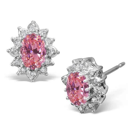 Pink Sapphire And Diamond Halo Stud Earring 4.0 Carat White Gold 14K - Gemstone Earring-harrychadent.ca