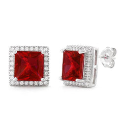 Princess Ruby And Round Natural Earth Mined Diamonds 7.20 Carats Studs Earrings Gold 14K