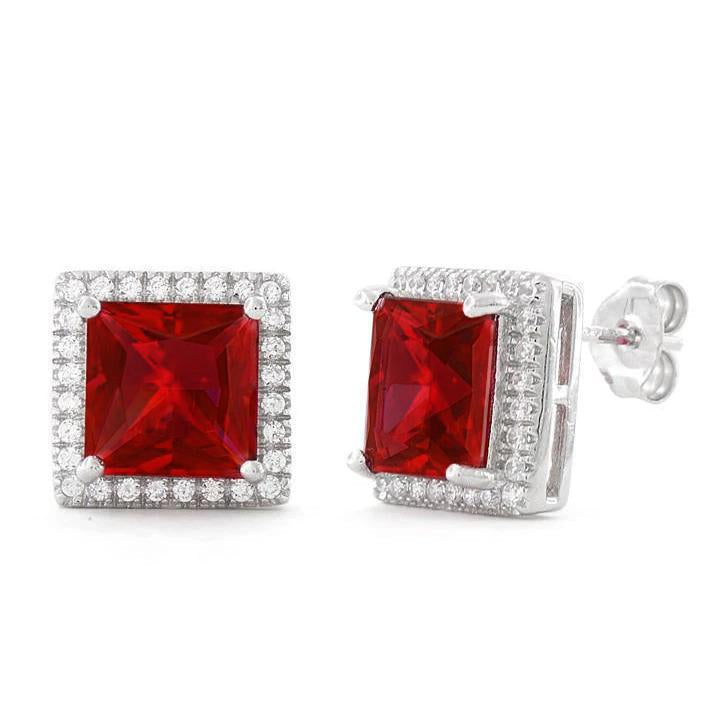 Princess Ruby And Round Diamonds 7.20 Carats Studs Earrings Gold 14K - Gemstone Earring-harrychadent.ca