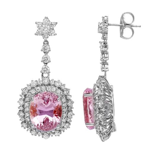 Prong Set 26.50 Ct Pink Kunzite With Diamonds Dangle Earrings Gold - Gemstone Earring-harrychadent.ca