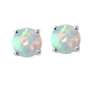 Prongs Set Round Cut 14 Carats Opal Studs Earrings White Gold 14K - Gemstone Earring-harrychadent.ca