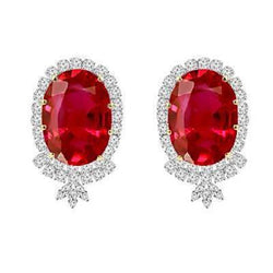 Red Oval Ruby With Small Natural Earth Mined Diamond Halo 14.70 Ct. Stud Earrings WG 14K