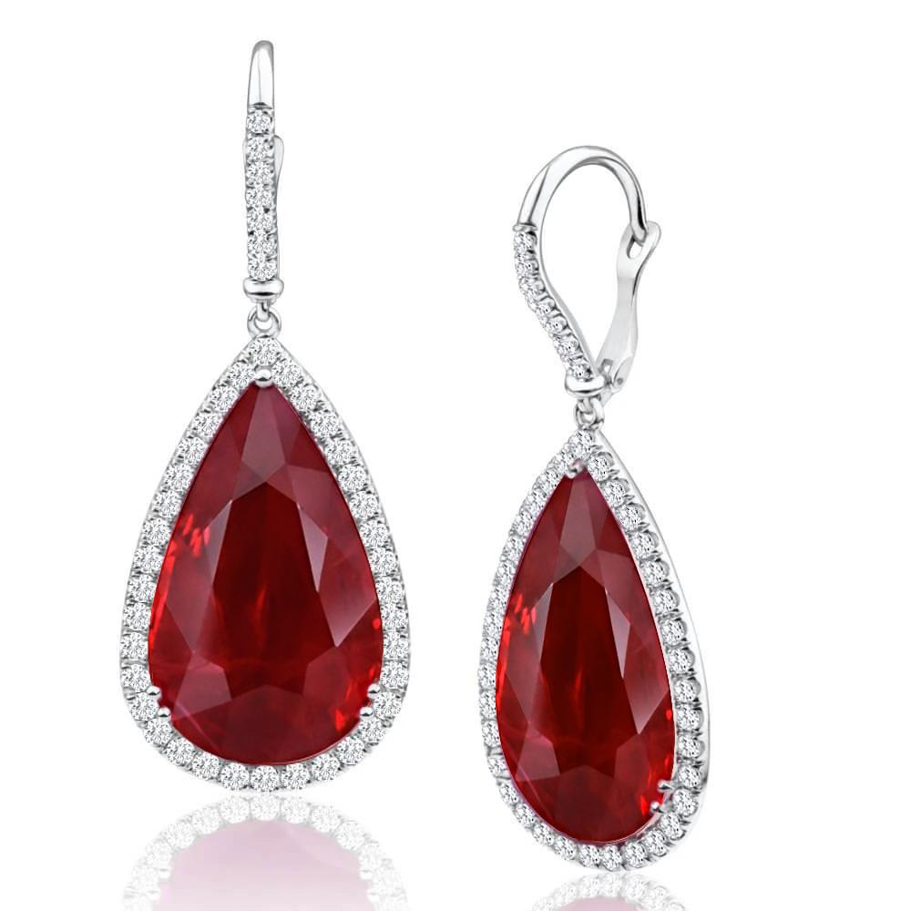 Red Pear Cut Ruby & Diamonds 8 Carats Dangle Earrings White Gold 14K - Gemstone Earring-harrychadent.ca