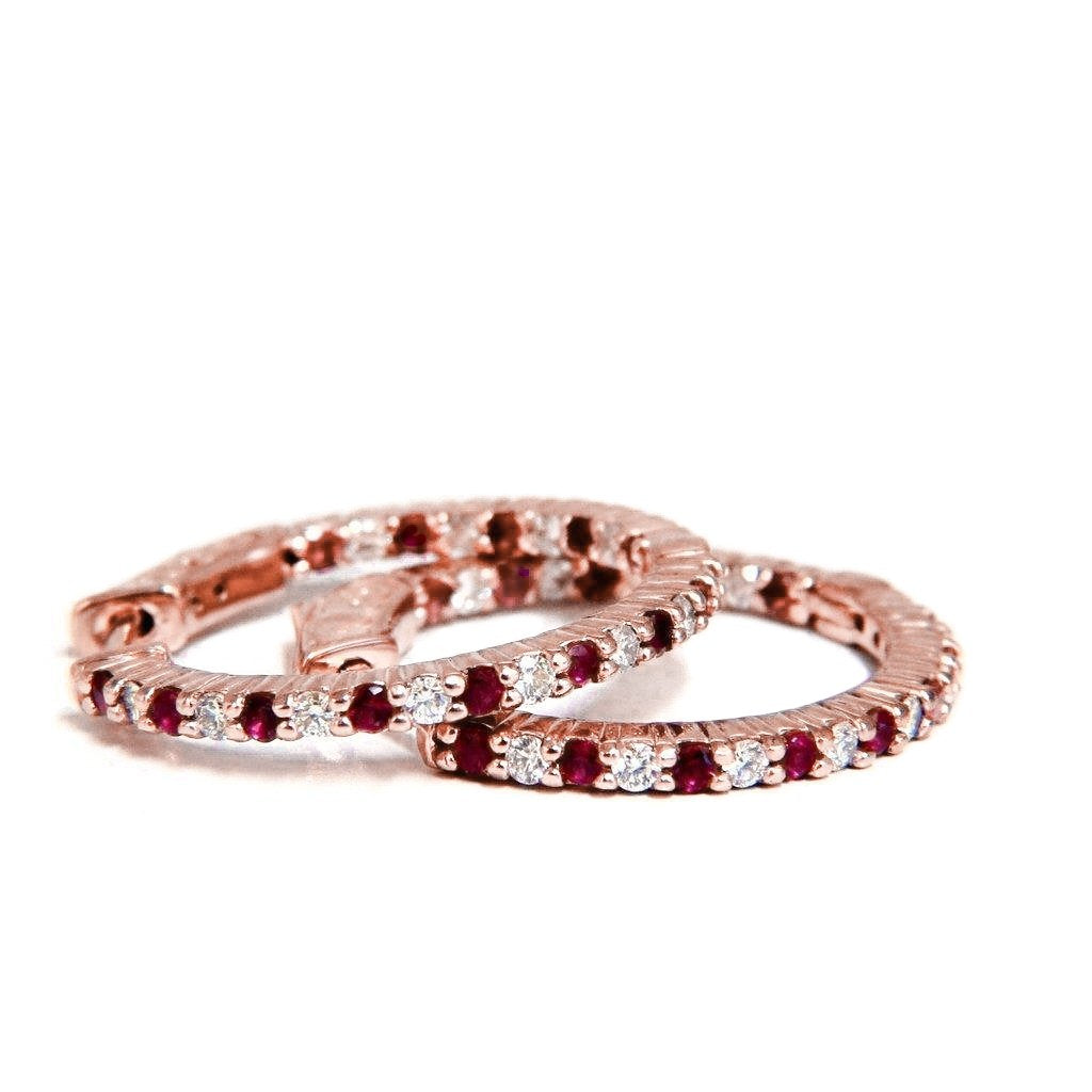 Red Round Cut Ruby Diamond Hoop Earrings Rose Gold 14K 4 Carats - Gemstone Earring-harrychadent.ca