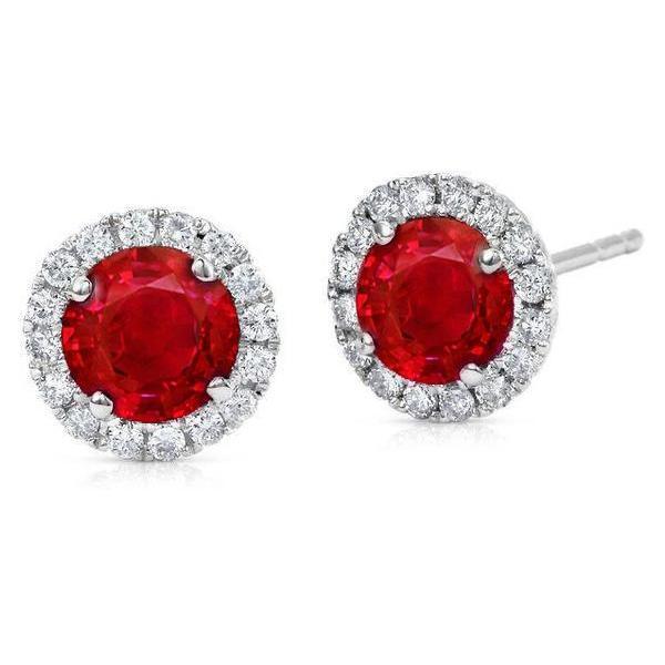 Red Round Ruby & Diamond Stud Halo Earring White Gold 14K 3.50 Ct. - Gemstone Earring-harrychadent.ca