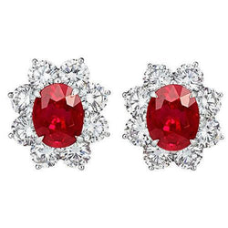 Red Ruby And Natural Earth Mined Diamond Stud Earring 5.40 Carats Halo Gemstone Jewelry