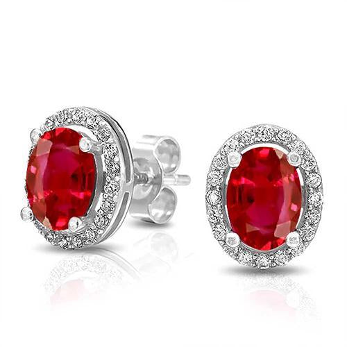 Red Ruby & Diamond Stud Halo Lady Earring Gold Jewelry 3.42 Carats - Gemstone Earring-harrychadent.ca