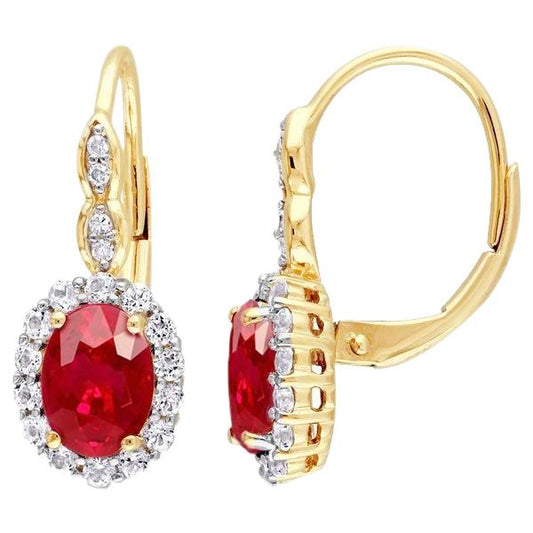 Red Ruby Leverback 7.90 Carats Stud Halo Earrings Yellow Gold 14K - Gemstone Earring-harrychadent.ca