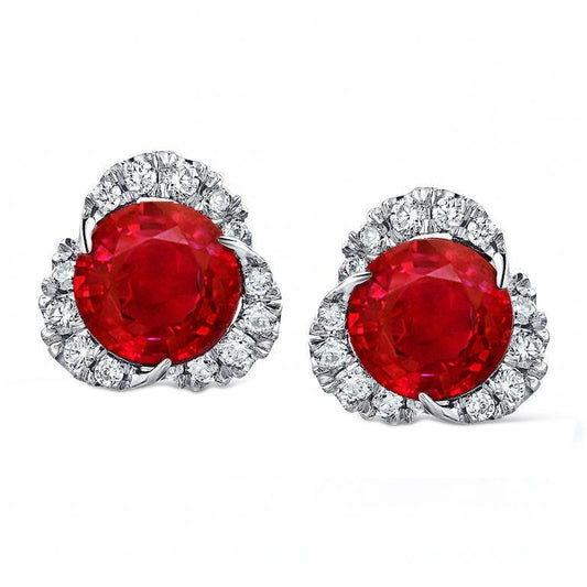 Red Ruby With Diamonds 4.90 Carats Lady Studs Earrings Halo White Gold - Gemstone Earring-harrychadent.ca
