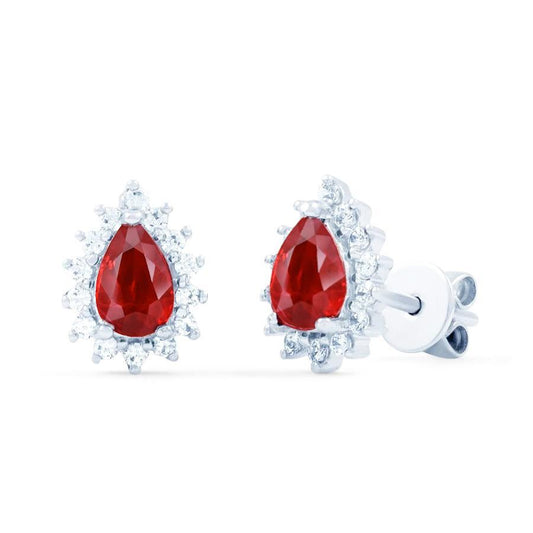 Red Ruby With Diamonds 5.10 Carats Lady Studs Halo Earrings Gold 14K - Gemstone Earring-harrychadent.ca