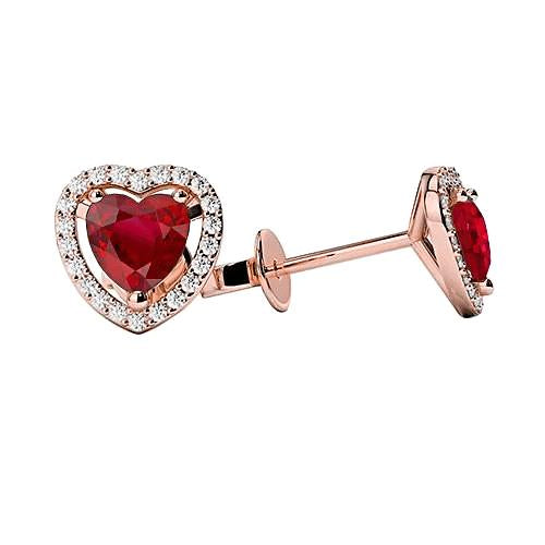 Rose Gold 14K 3.50 Ct Red Ruby And Diamonds Stud Halo Earrings - Gemstone Earring-harrychadent.ca