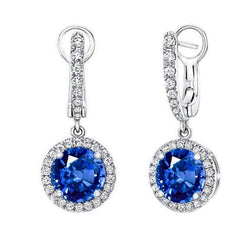 Round 5.50 Carats Sapphire Natural Earth Mined Diamond Dangle Earrings White Gold 14K