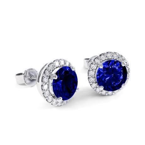 Round 5 Carats Sapphire With Diamonds Stud Earrings White Gold 14K - Gemstone Earring-harrychadent.ca