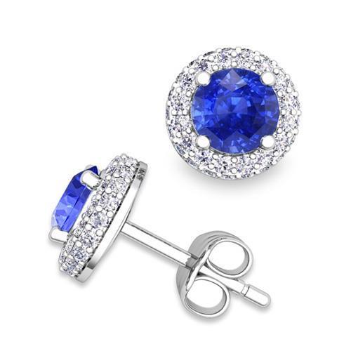 Round Brilliant Cut 4 Ct Ceylon Sapphire And Diamonds Studs Halo - Gemstone Earring-harrychadent.ca
