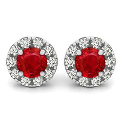 Round Brilliant Cut 7 Ct. Ruby With Natural Earth Mined Diamonds Studs Earrings
