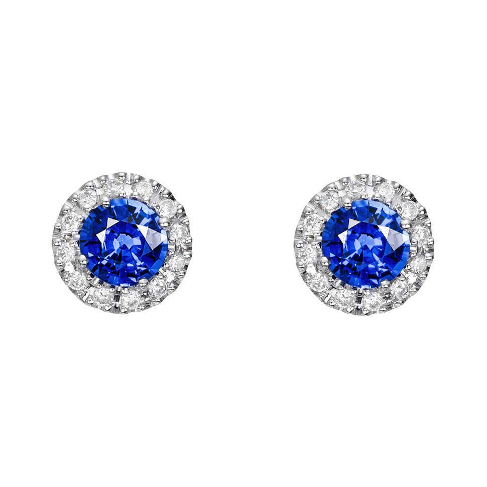Round Ceylon Sapphire Diamond Cluster Earring White Gold 2.30 Ct. - Gemstone Earring-harrychadent.ca