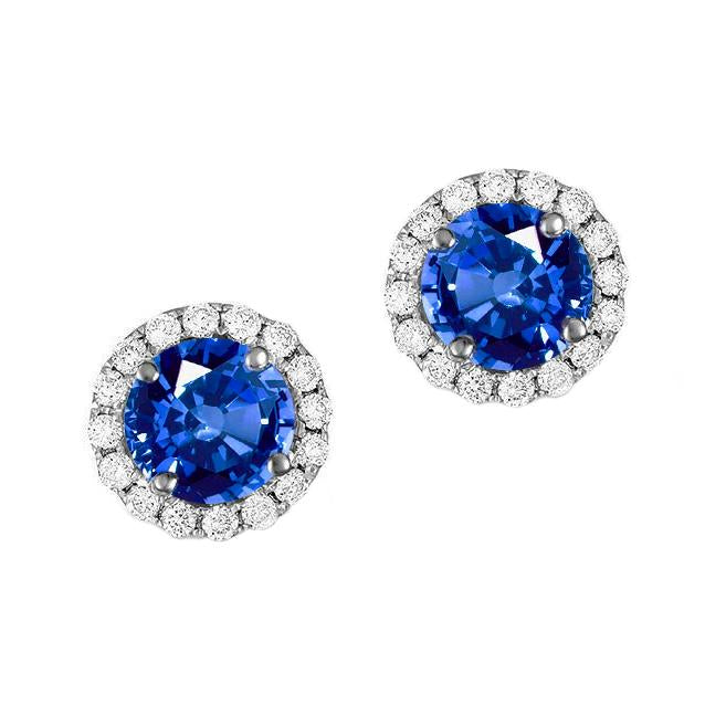 Round Ceylon Sapphire Stud Earring Halo Diamond Gold  2.30 Ct - Gemstone Earring-harrychadent.ca