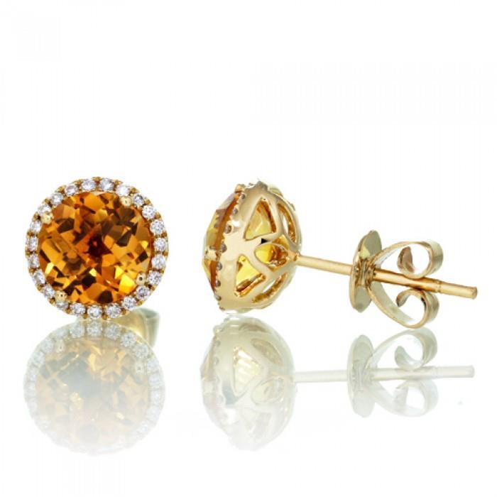 Round Cut 30.80 Ct Citrine And Diamonds Lady Studs Earring 14K Gold - Gemstone Earring-harrychadent.ca
