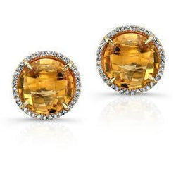 Round Cut 38.80 Ct Citrine And Natural Earth Mined Diamonds Studs Earring Yellow Gold
