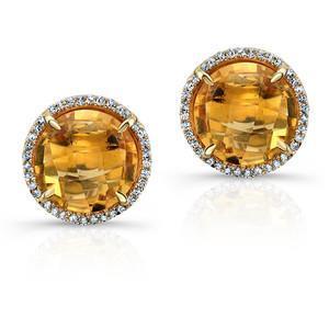 Round Cut 38.80 Ct Citrine And Diamonds Studs Earring Yellow Gold - Gemstone Earring-harrychadent.ca