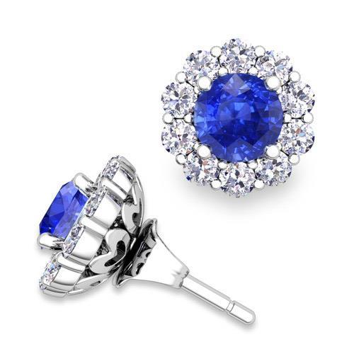 Round Cut 4.50 Ct Ceylon Sapphire With Diamonds Studs Halo White Gold - Gemstone Earring-harrychadent.ca