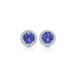 Round Cut 4 Carats Tanzanite And Natural Earth Mined Diamond Halo Stud Earrings