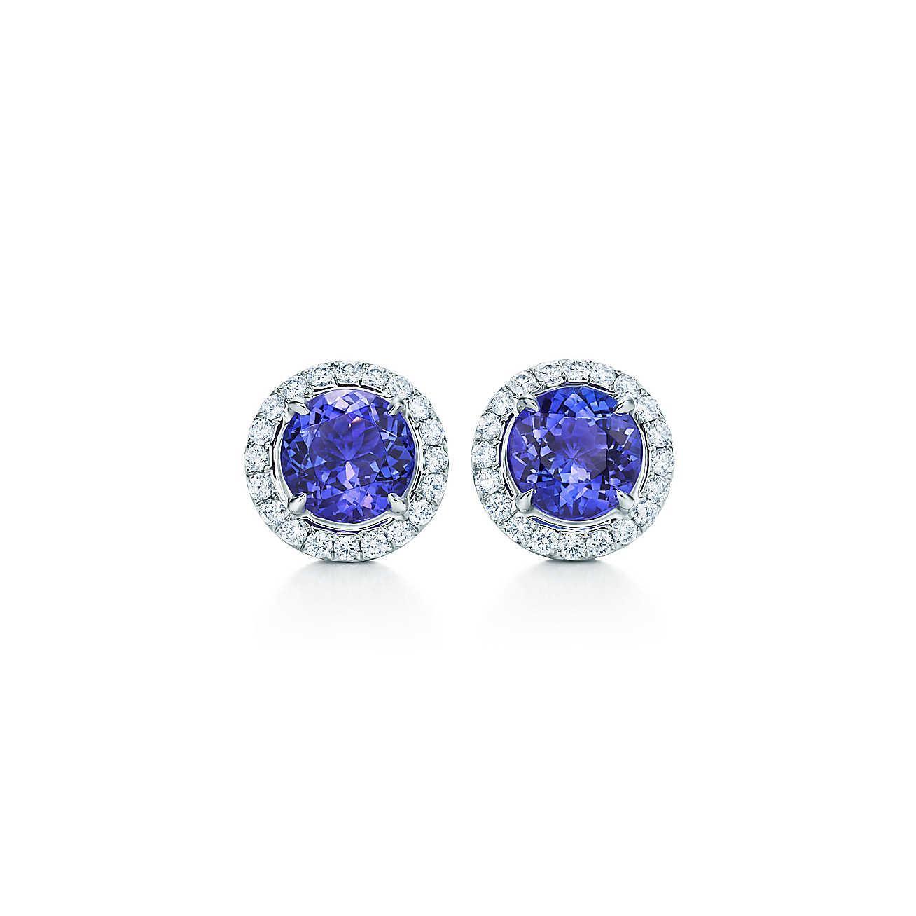 Round Cut 4 Carats Tanzanite And Diamond Halo Stud Earrings - Gemstone Earring-harrychadent.ca