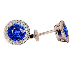 Round Cut 5.90 Carats Sapphire With Diamonds Women Studs Halo 14K RG