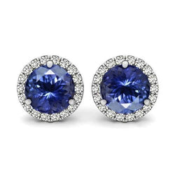 Round Cut 6.40 Carats Tanzanite And Natural Earth Mined Diamonds Studs Earrings New