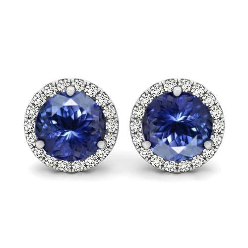 Round Cut 6.40 Carats Tanzanite And Diamonds Studs Earrings New - Gemstone Earring-harrychadent.ca