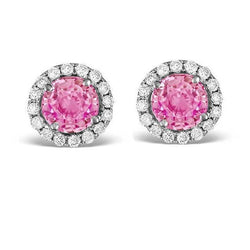 Round Cut 6 Carats Pink Sapphire & Natural Earth Mined Diamond Stud Earrings White Gold