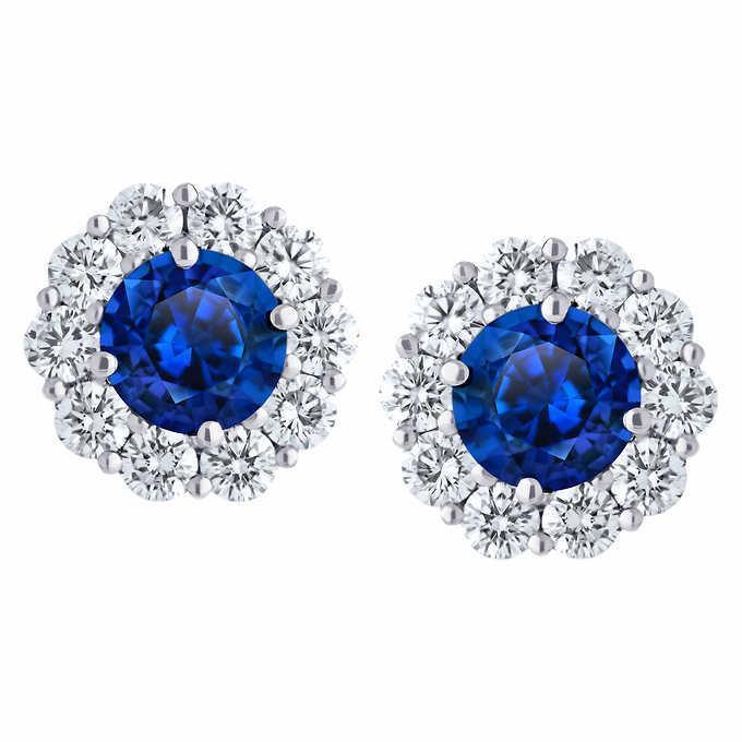 Round Cut Blue Sapphire And Diamonds 6 Ct Ladies Studs Earring - Gemstone Earring-harrychadent.ca
