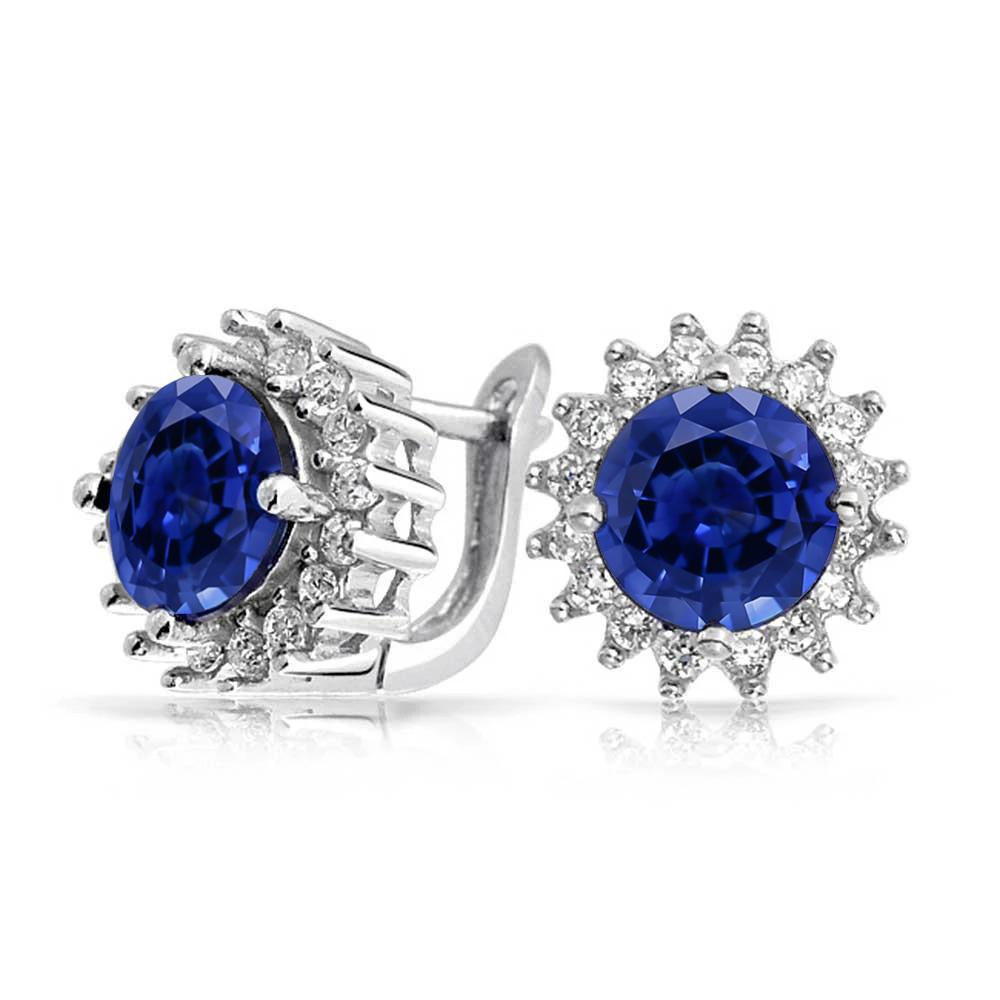 Round Cut Ceylon Sapphire And Diamond Stud Gold Earring 4.40 Carats - Gemstone Earring-harrychadent.ca