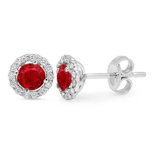 Round Cut Red Ruby & Halo Diamond Stud Earring 2.40 Ct. White Gold 14K - Gemstone Earring-harrychadent.ca