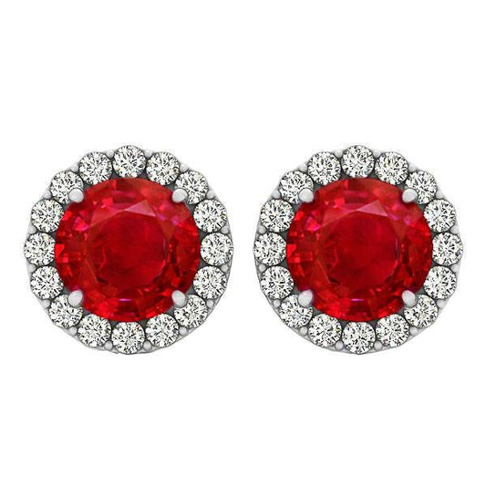 Round Cut Red Ruby With Diamonds 9.50 Ct Studs Earrings White Gold 14K - Gemstone Earring-harrychadent.ca