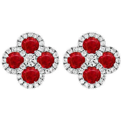 Round Cut Ruby And Halo Diamond Stud Earrings 5 Carat White Gold 14K