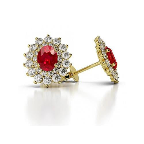 Round Cut Ruby & Diamonds Halo Studs Earrings 5 Ct Yellow Gold 14K - Gemstone Earring-harrychadent.ca