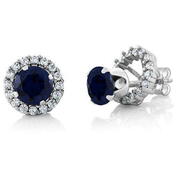 Round Cut Sapphire & Natural Earth Mined Diamonds 3.50 Carats Stud Earrings White Gold 14K