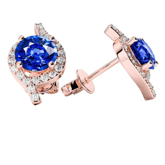 Round Cut Sapphire With Diamonds 4.44 Carats Studs Earrings New - Gemstone Earring-harrychadent.ca