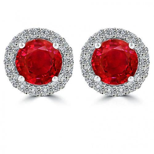 Round Cut White Gold Ruby With Halo Diamond Stud Earrings 5.60 Ct - Gemstone Earring-harrychadent.ca