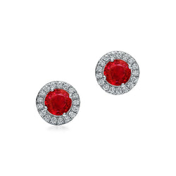 Round Lady Halo Studs Earrings Red Ruby And Natural Earth Mined Diamonds 3.50 Ct. New