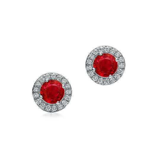 Round Lady Halo Studs Earrings Red Ruby And Diamonds 3.50 Ct. New - Gemstone Earring-harrychadent.ca